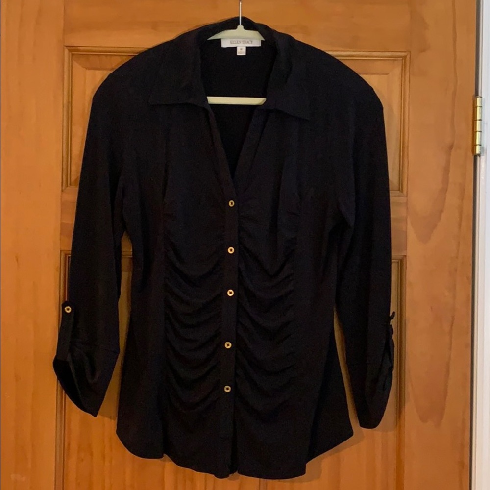 Ellen Tracy blouse in black with gold buttons.